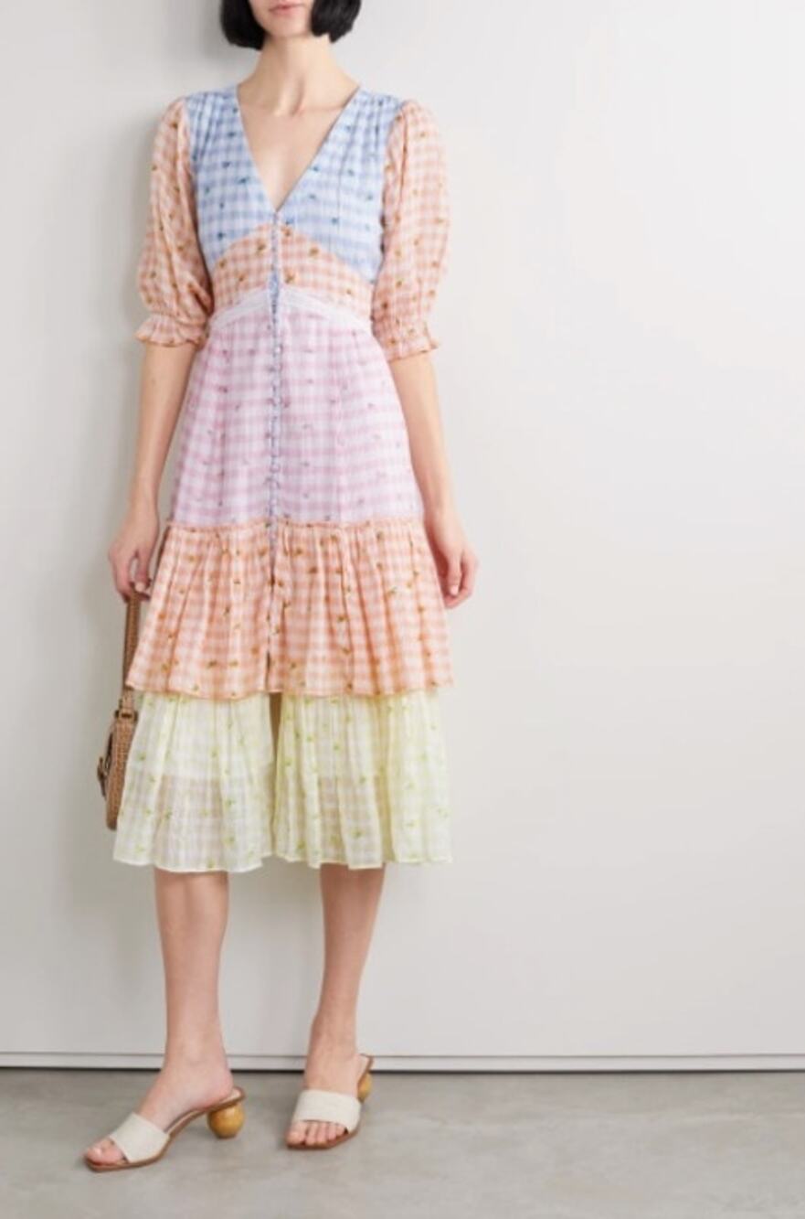 LoveShackFancy Ollie Floral Tiered Cotton Midi Dress Boho Check Size 2
